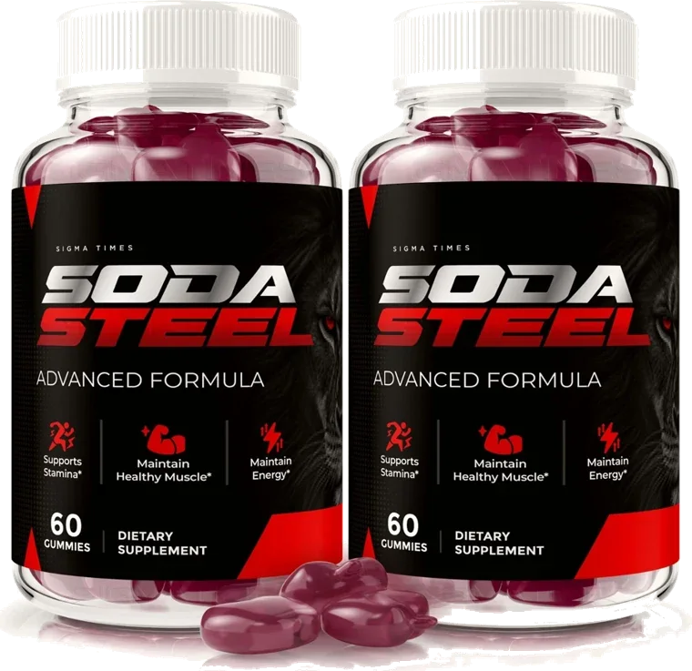 Two bottles of SodaSteel daily gummies for men